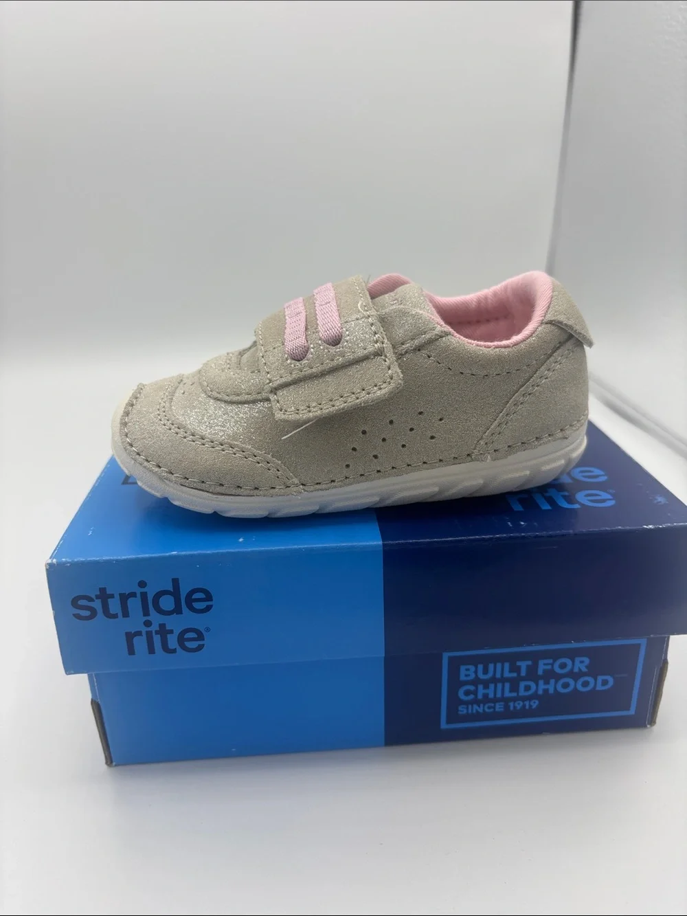Stride Rite Beige Sneaker with Pink Lining and Velcro